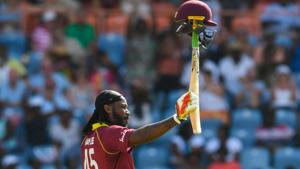 Chris Gayle of West Indies celebrates achieving 10,000 ODI runs during the 4th ODI between West Indies and England at Grenada National Cricket Stadium.(AFP) Chris Gayle of West Indies celebrates achieving 10,000 ODI runs during the 4th ODI between West Indies and England at Grenada National Cricket Stadium.(AFP)