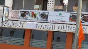 A popular restaurant in north Kerala’s Kozhikkode district, ‘Calicut-Karachi Durbar’ has been forced to cover its board on Friday following a threat from some right-wing groups.(Special arrangement) A popular restaurant in north Kerala’s Kozhikkode district, ‘Calicut-Karachi Durbar’ has been forced to cover its board on Friday following a threat from some right-wing groups.(Special arrangement)