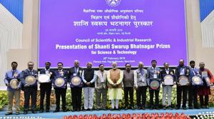 Prime Minister Narendra Modi gave away the Shanti Swarup Bhatnagar Prize — India’s most coveted science and technology award — to 33 winners of past three years on the occasion of National Science Day in Delhi on Thursday.(ANI) Prime Minister Narendra Modi gave away the Shanti Swarup Bhatnagar Prize — India’s most coveted science and technology award — to 33 winners of past three years on the occasion of National Science Day in Delhi on Thursday.(ANI)
