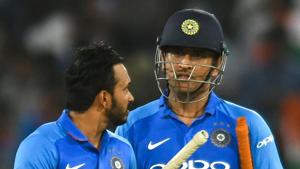 Indian cricketer Mahendra Singh Dhoni (R) and Kedar Jadhav (L) react as they walk out of the field after winning the first one day international (ODI) cricket match between India and Australia.(AFP) Indian cricketer Mahendra Singh Dhoni (R) and Kedar Jadhav (L) react as they walk out of the field after winning the first one day international (ODI) cricket match between India and Australia.(AFP)