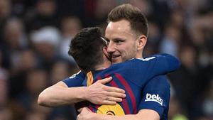 Barcelona's Argentinian forward Lionel Messi (L) celebrates with Barcelona's Croatian midfielder Ivan Rakitic at the end of the Spanish league football match.(AFP) Barcelona's Argentinian forward Lionel Messi (L) celebrates with Barcelona's Croatian midfielder Ivan Rakitic at the end of the Spanish league football match.(AFP)