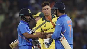 Hyderabad: Indian cricketer MS Dhoni and Kedar Jadhav celebrate the win against Australia on the first One Day International (ODI) series cricket match, in Hyderabad, Saturday, March 2, 2019(PTI) Hyderabad: Indian cricketer MS Dhoni and Kedar Jadhav celebrate the win against Australia on the first One Day International (ODI) series cricket match, in Hyderabad, Saturday, March 2, 2019(PTI)