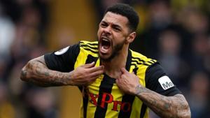 Watford’s Andre Gray celebrates after scoring their second goal against Leicester .(Reuters) Watford’s Andre Gray celebrates after scoring their second goal against Leicester .(Reuters)