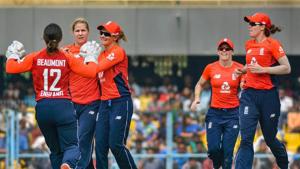 England players celebrate after dismissing an India batswoman during the first T20I in Guwahati.(PTI) England players celebrate after dismissing an India batswoman during the first T20I in Guwahati.(PTI)