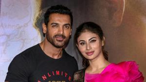 Bollywood actor John Abraham and Mouni Roy during the trailer launch of the film 'Romeo Akbar Walter', in Mumbai.(PTI) Bollywood actor John Abraham and Mouni Roy during the trailer launch of the film 'Romeo Akbar Walter', in Mumbai.(PTI)