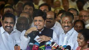 Union Minister and BJP's Tamil Nadu election in-charge Piyush Goyal addresses media after ruling AIADMK party signed an alliance with BJP for the upcoming Lok Sabha elections, in Chennai, Feb 19, 2019(AP) Union Minister and BJP's Tamil Nadu election in-charge Piyush Goyal addresses media after ruling AIADMK party signed an alliance with BJP for the upcoming Lok Sabha elections, in Chennai, Feb 19, 2019(AP)