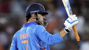 MS Dhoni celebrates his half-century against Australia during the first One Day International against Australia.(PTI) MS Dhoni celebrates his half-century against Australia during the first One Day International against Australia.(PTI)