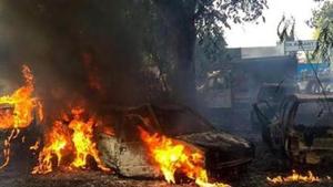 Bulandshahr: Vehicles set on fire by a mob during a protest over the alleged illegal slaughter of cattle, in Bulandshahr(File) Bulandshahr: Vehicles set on fire by a mob during a protest over the alleged illegal slaughter of cattle, in Bulandshahr(File)