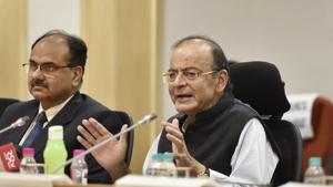 Union Finance Minister Arun Jaitley with Revenue Secretary Ajay Bhushan Pandey (L) address media after the 33rd GST Council Meey at Vigyan Bhawan, in New Delhi.(Sanjeev Verma/HT PHOTO) Union Finance Minister Arun Jaitley with Revenue Secretary Ajay Bhushan Pandey (L) address media after the 33rd GST Council Meey at Vigyan Bhawan, in New Delhi.(Sanjeev Verma/HT PHOTO)