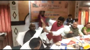 A day after BJP MP Sharad Tripathi and MLA Rakesh Singh Baghel indulged in a shoe fight during a meeting in UP, the two leaders engaged in a fierce war of words.(HT PHOTO) A day after BJP MP Sharad Tripathi and MLA Rakesh Singh Baghel indulged in a shoe fight during a meeting in UP, the two leaders engaged in a fierce war of words.(HT PHOTO)