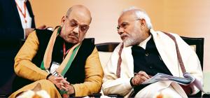 Prime Minister Narendra Modi and BJP National President Amit Shah at the BJP National Executive Meet at Ramlila Maidan in New Delhi on January 12, 2019.(Raj K Raj/HT PHOTO) Prime Minister Narendra Modi and BJP National President Amit Shah at the BJP National Executive Meet at Ramlila Maidan in New Delhi on January 12, 2019.(Raj K Raj/HT PHOTO)