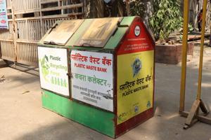 A plastic waste collection bin used by the KDMC.(Rishikesh Choudhary/HT) A plastic waste collection bin used by the KDMC.(Rishikesh Choudhary/HT)
