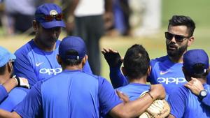 Indian cricket team captain Virat Kohli with his team mates during a practice session .(PTI)