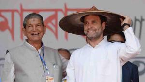 Congress president Rahul Gandhi and former Uttarakhand chief minister Harish Rawat at a rally.(ANI) Congress president Rahul Gandhi and former Uttarakhand chief minister Harish Rawat at a rally.(ANI)