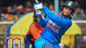 Smriti Mandhana plays a shot during their first International women's T20 series match against England.(PTI) Smriti Mandhana plays a shot during their first International women's T20 series match against England.(PTI)