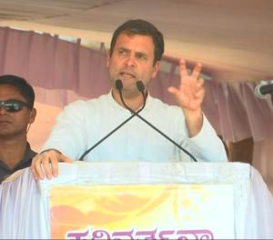 Karnataka, March 09 (ANI): Congress President Rahul Gandhi addressing at a public meeting in Haveri on Saturday.(ANI photo) Karnataka, March 09 (ANI): Congress President Rahul Gandhi addressing at a public meeting in Haveri on Saturday.(ANI photo)
