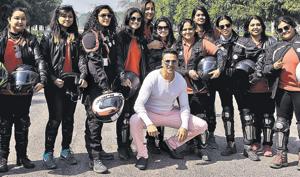 Akshay Kumar with female bikers during an event on International Women’s Day in Lucknow.(Dheeraj Dhawan/HT Photo) Akshay Kumar with female bikers during an event on International Women’s Day in Lucknow.(Dheeraj Dhawan/HT Photo)
