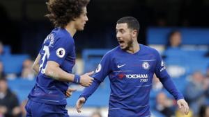 Chelsea's Eden Hazard, right, celebrates with Chelsea's David Luiz after scoring his side's opening goal.(AP) Chelsea's Eden Hazard, right, celebrates with Chelsea's David Luiz after scoring his side's opening goal.(AP)