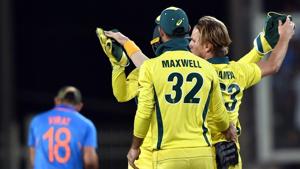 Ranchi: Australian bowler Adam Zampa celebrates with teammates the dismissal of India's skipper Virat Kohli during the 3rd ODI.(PTI) Ranchi: Australian bowler Adam Zampa celebrates with teammates the dismissal of India's skipper Virat Kohli during the 3rd ODI.(PTI)