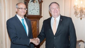 Foreign Secretary Vijay Gokhale with US Secretary of State Michael R Pompeo in Washington on Monday.(ANI) Foreign Secretary Vijay Gokhale with US Secretary of State Michael R Pompeo in Washington on Monday.(ANI)