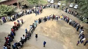 Voters queue outside a polling station in Phase 6 Mohali.(HT File Photo)
