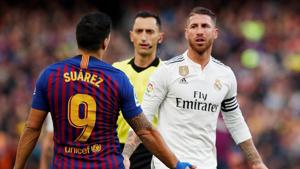 Barcelona's Luis Suarez and Real Madrid's Sergio Ramos react.(REUTERS) Barcelona's Luis Suarez and Real Madrid's Sergio Ramos react.(REUTERS)