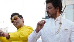 Actor Shah Rukh Khan, filmmaker Karan Johar dance at Akash Ambani’s party.(IANS) Actor Shah Rukh Khan, filmmaker Karan Johar dance at Akash Ambani’s party.(IANS)