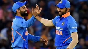 Virat Kohli and Rohit Sharma celebrate the dismissal of Australian batsman Glenn Maxwell.(HT Photo) Virat Kohli and Rohit Sharma celebrate the dismissal of Australian batsman Glenn Maxwell.(HT Photo)