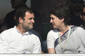 Congress President Rahul Gandhi and Congress General Secretary Priyanka Gandhi Vadra during Jan Sankalp Rally, in Gandhinagar, Tuesday, March 12, 2019.(PTI photo) Congress President Rahul Gandhi and Congress General Secretary Priyanka Gandhi Vadra during Jan Sankalp Rally, in Gandhinagar, Tuesday, March 12, 2019.(PTI photo)