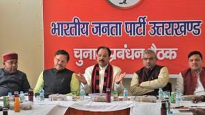 BJP’s Uttarakhand president Ajay Bhatt (C) presides over an election management committee meeting at the BJP office in Dehradun on Tuesday, March 12, 2019.(Vinay Santosh Kumar / HT Photo) BJP’s Uttarakhand president Ajay Bhatt (C) presides over an election management committee meeting at the BJP office in Dehradun on Tuesday, March 12, 2019.(Vinay Santosh Kumar / HT Photo)