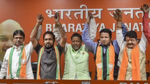 TMC MP Anupam Hazra (in green jacket) was among some opposition leaders who joined BJP in presence of senior party leaders Mukul Roy (C) and Kailash Vijayvargiya (R), in New Delhi, Tuesday, March 12, 2019.(PTI) TMC MP Anupam Hazra (in green jacket) was among some opposition leaders who joined BJP in presence of senior party leaders Mukul Roy (C) and Kailash Vijayvargiya (R), in New Delhi, Tuesday, March 12, 2019.(PTI)