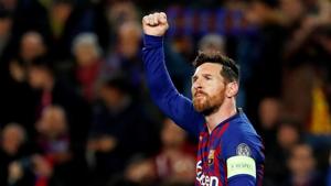 Barcelona's Lionel Messi celebrates scoring their first goal against Lyon on Wednesday.(REUTERS) Barcelona's Lionel Messi celebrates scoring their first goal against Lyon on Wednesday.(REUTERS)