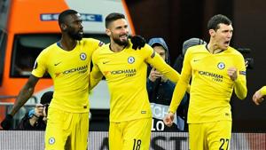 Chelsea's Antonio Ruediger, Olivier Giroud and Andreas Christensen celebrate a goal against Dynamo Kyiv.(AFP) Chelsea's Antonio Ruediger, Olivier Giroud and Andreas Christensen celebrate a goal against Dynamo Kyiv.(AFP)