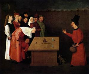 The Conjurer by Hieronymus Bosch, a 15th-century painting that depicts what is most likely an out-of-towner having his pocket deftly picked as he watches another trick featuring sleight of hand. The Conjurer by Hieronymus Bosch, a 15th-century painting that depicts what is most likely an out-of-towner having his pocket deftly picked as he watches another trick featuring sleight of hand.