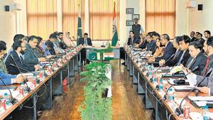 Indian and Pakistani officials Attari-Wagha border during a bilateral meeting to discuss the Kartarpur Corridor that will connect pilgrims to the Gurdwara in Kartarpur Sahib on Thursday.(HT PHOTO) Indian and Pakistani officials Attari-Wagha border during a bilateral meeting to discuss the Kartarpur Corridor that will connect pilgrims to the Gurdwara in Kartarpur Sahib on Thursday.(HT PHOTO)