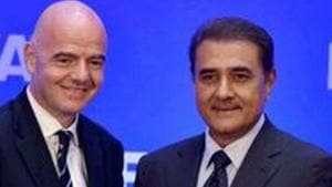Gianni Infantino and AIFF President Praful Patel exchange greetings.(PTI) Gianni Infantino and AIFF President Praful Patel exchange greetings.(PTI)