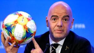 FIFA President Gianni Infantino addresses the media during a press conference following the FIFA Council Meetings in Miami.(AFP) FIFA President Gianni Infantino addresses the media during a press conference following the FIFA Council Meetings in Miami.(AFP)