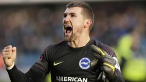 Brighton's Matthew Ryan celebrates winning in the penalty shootout during the during the FA Cup quarterfinal match against Millwall.(AP)