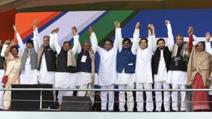 Patna: Congress President Rahul Gandhi, Madhya Pradesh Chief Minister Kamal Nath, Rajasthan Chief Minister Ashok Gehlot, Chhattisgarh Chief Minister Bhupesh Baghel, senior Congress leader Ahmed Patel and grand alliance leaders during 'Jan Akanksha Rally', at Gandhi Maidan in Patna, Sunday, Feb. 03, 2019. (PTI Photo)(PTI2_3_2019_000131B)(PTI) Patna: Congress President Rahul Gandhi, Madhya Pradesh Chief Minister Kamal Nath, Rajasthan Chief Minister Ashok Gehlot, Chhattisgarh Chief Minister Bhupesh Baghel, senior Congress leader Ahmed Patel and grand alliance leaders during 'Jan Akanksha Rally', at Gandhi Maidan in Patna, Sunday, Feb. 03, 2019. (PTI Photo)(PTI2_3_2019_000131B)(PTI)