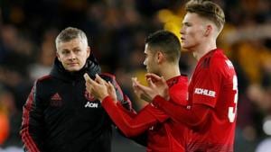 Manchester United interim manager Ole Gunnar Solskjaer looks dejected after the match with Scott McTominay and Andreas Pereira.(REUTERS) Manchester United interim manager Ole Gunnar Solskjaer looks dejected after the match with Scott McTominay and Andreas Pereira.(REUTERS)