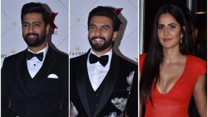 Ranveer Singh, Vicky Kaushal and Katrina Kaif at the Hello Hall of Fame awards.(Varinder Chawla) Ranveer Singh, Vicky Kaushal and Katrina Kaif at the Hello Hall of Fame awards.(Varinder Chawla)