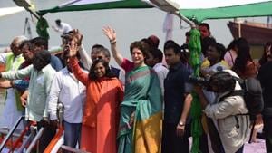 Priyanka Gandhi Vadra offered prayers before embarking on her three-day 140-km ‘Ganga Yatra’ from Prayagraj Varanasi at Mannaiya ghat on a steamer.(HT Photo) Priyanka Gandhi Vadra offered prayers before embarking on her three-day 140-km ‘Ganga Yatra’ from Prayagraj Varanasi at Mannaiya ghat on a steamer.(HT Photo)