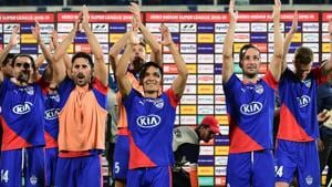 Sunil Chhetri and teammates celebrate after winning against North East United FC.(PTI) Sunil Chhetri and teammates celebrate after winning against North East United FC.(PTI)