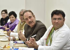 Senior Congress leader Ghulam Nabi Azad (second from the right) and Haryana Pradesh Congress Committee President Ashok Tanwar (R) during the Haryana Coordination Committee meeting at AICC headquarters in New Delhi on March 19, 2019.(Sanjeev Verma/HT Photo) Senior Congress leader Ghulam Nabi Azad (second from the right) and Haryana Pradesh Congress Committee President Ashok Tanwar (R) during the Haryana Coordination Committee meeting at AICC headquarters in New Delhi on March 19, 2019.(Sanjeev Verma/HT Photo)