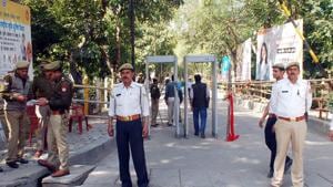 Ghaziabad India - March 18, 2019: The district headquarters was heavily guarded on the day when prospective candidates arrived for taking the nomination forms for the upcoming Lok Sabha elections outside DM Office in Ghaziabad, India on Monday, March 18, 2019.(Sakib Ali /Hindustan Times) Ghaziabad India - March 18, 2019: The district headquarters was heavily guarded on the day when prospective candidates arrived for taking the nomination forms for the upcoming Lok Sabha elections outside DM Office in Ghaziabad, India on Monday, March 18, 2019.(Sakib Ali /Hindustan Times)