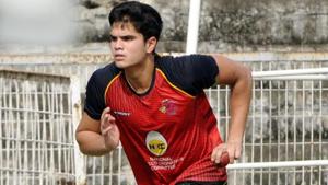 Arjun Tendulkar, son of Sachin Tendulkar, during the net practice.(HT Photo) Arjun Tendulkar, son of Sachin Tendulkar, during the net practice.(HT Photo)