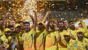 Chennai Super Kings players celebrate with the IPL 2018 trophy after winning the final match against Sunrisers Hyderabad, in Mumbai, Sunday, May 27, 2018. CSK defeated SRH by eight wickets to lift the trophy.(PTI) Chennai Super Kings players celebrate with the IPL 2018 trophy after winning the final match against Sunrisers Hyderabad, in Mumbai, Sunday, May 27, 2018. CSK defeated SRH by eight wickets to lift the trophy.(PTI)