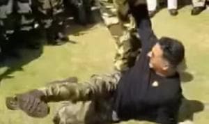 Akshay Kumar on the ground during his fight with a BSF officer. Akshay Kumar on the ground during his fight with a BSF officer.