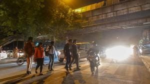 New Delhi, India - March 19, 2019: Pedestrians cross a busy road due to closed foot overbridge, at Maharani Bagh, in New Delhi, India, on Tuesday, March 19, 2019. (Photo Amal KS / Hindustan Times) New Delhi, India - March 19, 2019: Pedestrians cross a busy road due to closed foot overbridge, at Maharani Bagh, in New Delhi, India, on Tuesday, March 19, 2019. (Photo Amal KS / Hindustan Times)