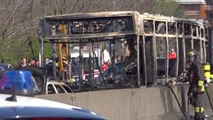 The wreckage of a bus that was set ablaze by its driver in protest against the treatment of migrants trying to cross the Mediterranean Sea, is seen on a road in Milan, Italy on March 20.(REUTERS) The wreckage of a bus that was set ablaze by its driver in protest against the treatment of migrants trying to cross the Mediterranean Sea, is seen on a road in Milan, Italy on March 20.(REUTERS)
